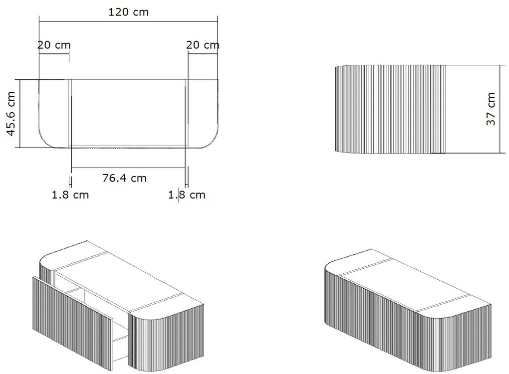 Gliss Design Alluro badmeubel ribbelfront met ronding links/rechts 120cm walnut en wit marmer toppaneel