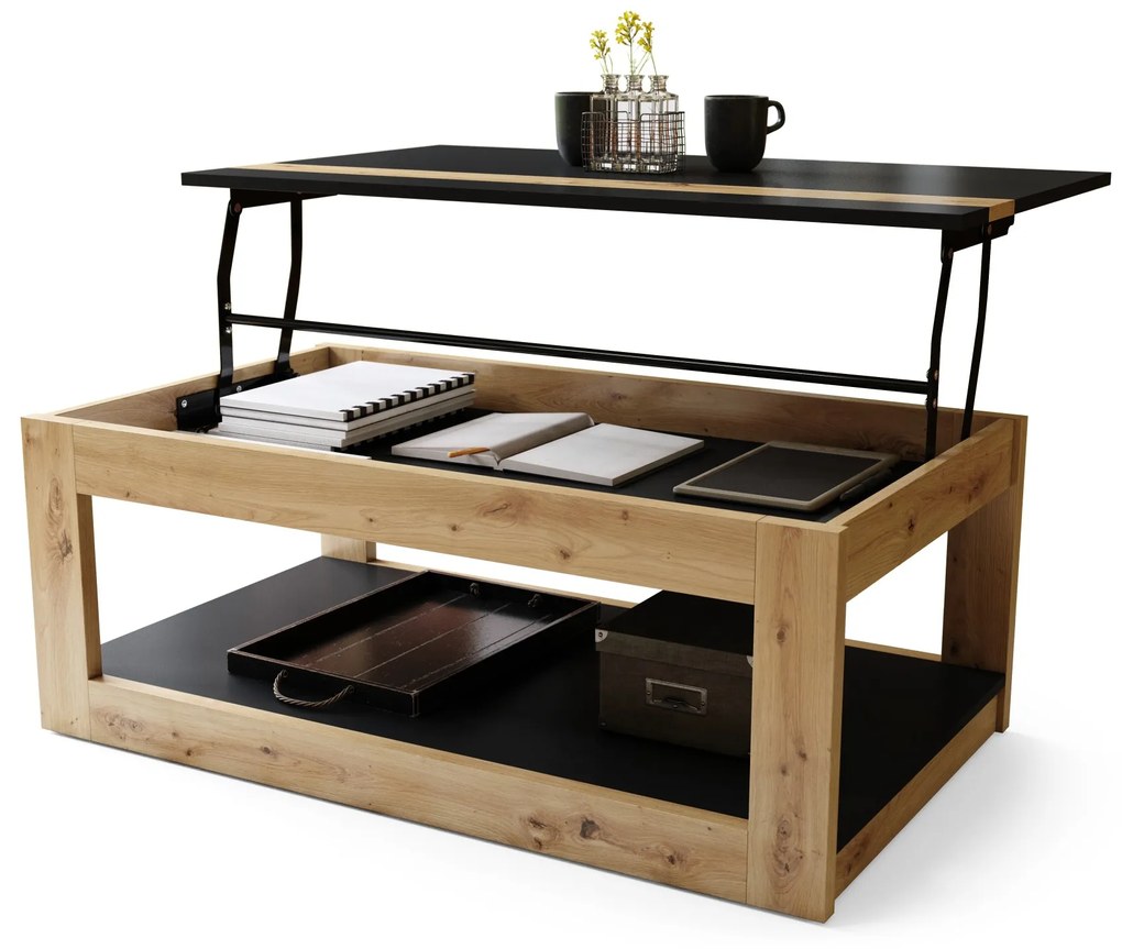 LUSSO Zwart Mat/Artisan Eik - MODERNE SALONTAFEL MET VERHOOGD BLAD + OPBERGRUIMTE + SCHAP (OP WIELEN!)