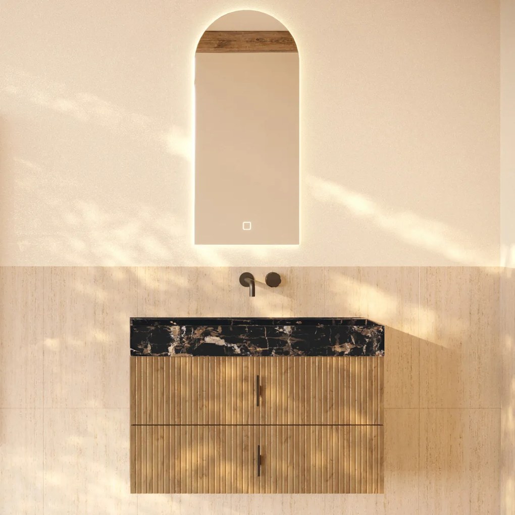 Muebles Murcia badmeubel ribbelfront 100cm eiken met Portoro Gold wastafel zonder kraangat