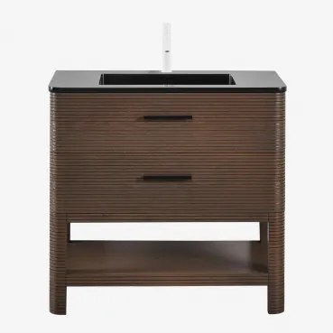 Badmeubelset 90x50 Cm Van Hout Met Geïntegreerde Wastafel Misene Spiegelloze & Wit ↑20 Cm Met Overloop Aftapventiel Orveta & Donker Hout - Sklum