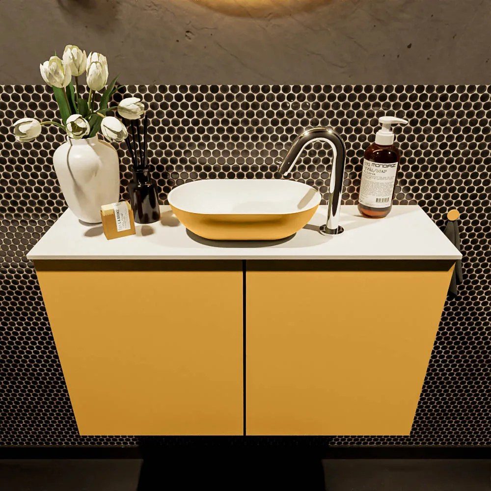 Mondiaz Fowy toiletmeubel 80cm ocher met gele waskom midden en kraangat