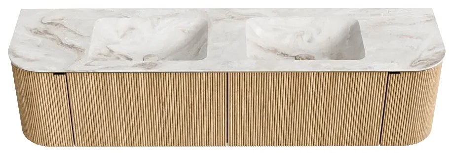 Mondiaz Kurve-dlux 180cm badmeubel ronding links/rechts oak met 2 lades en deuren en wastafel leaf dubbel zonder kraangat frappe