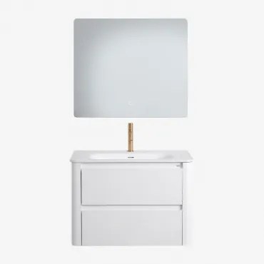 Egerton Zwevend Houten Badkamermeubelset Met Geïntegreerde Wastafel Wit & Rechthoekige Led En Anticondens 80x70 Cm Riben & Geborsteld Goud - Sklum