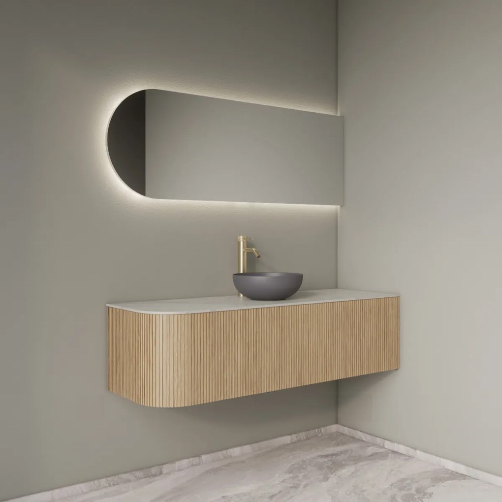 Gliss Design Alluro badmeubel ribbelfront met ronding links 140cm mist en wit marmer toppaneel