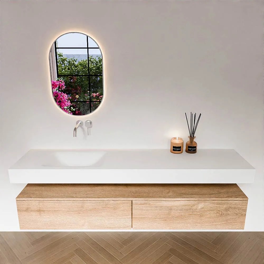 Zaro Alan badmeubel 190cm washed oak 2 lades met vrijhangende wastafel cloud links zonder kraangat talc