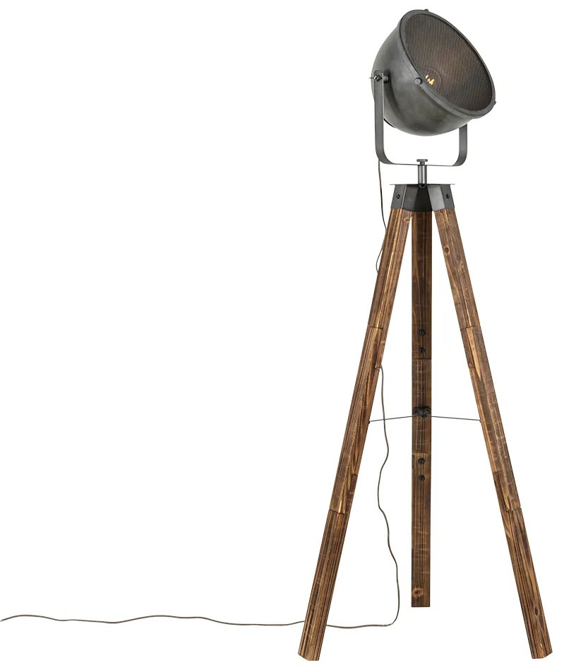 Industriële vloerlamp tripod staal met hout kantelbaar - Emado