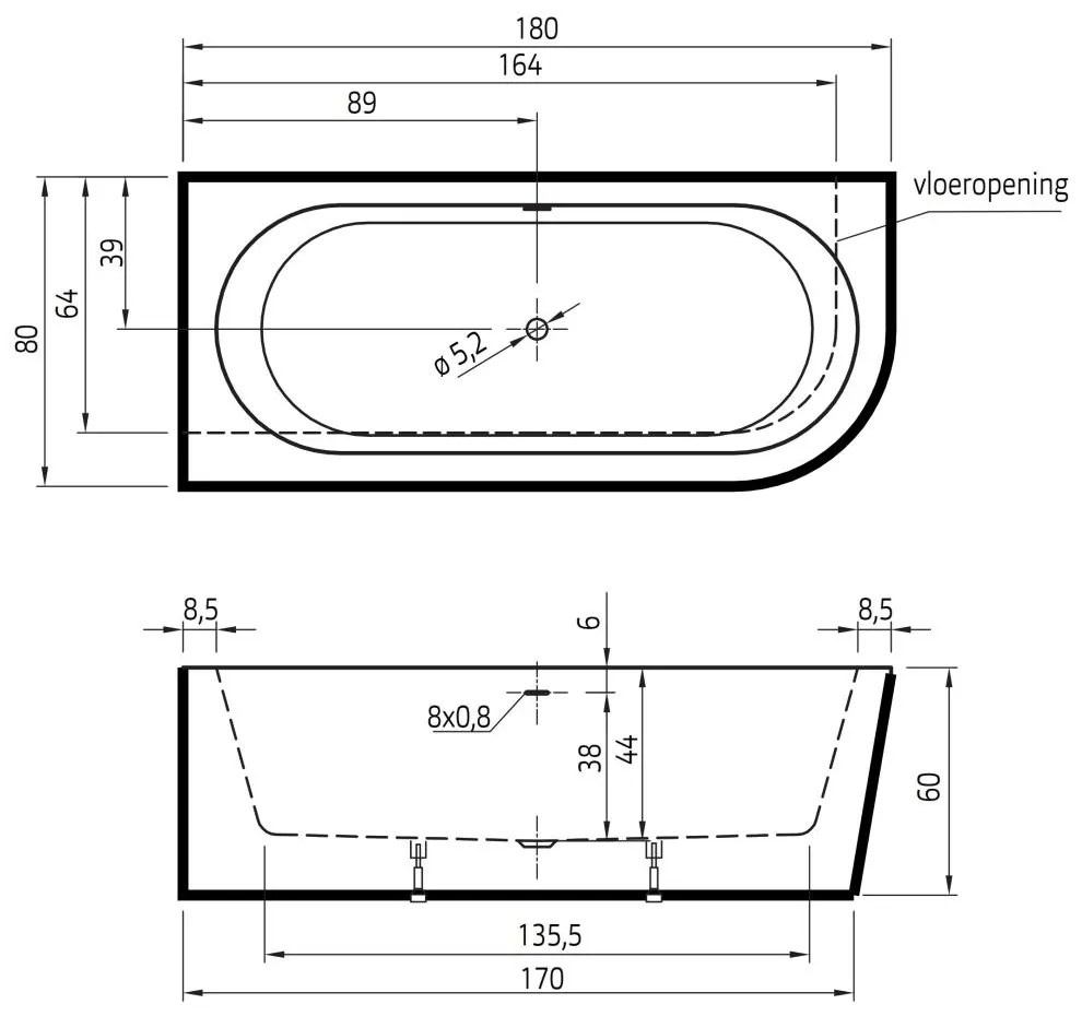 Xenz Charley half vrijstaand bad acryl 180x80x60cm links wit mat/zwart mat met badvulcombinatie wit mat