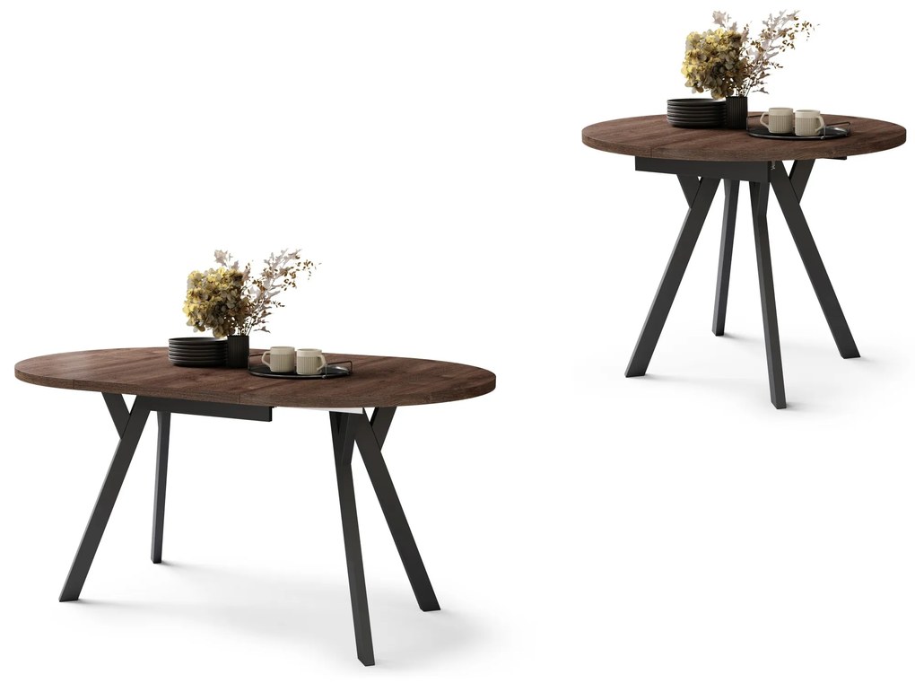 ALMO Eiken Bruin/Zwarte poten - RONDE LOFT/INDUSTRIËLE TAFEL VOOR WOONKAMER/EETKAMER, UITSCHUIFBAAR