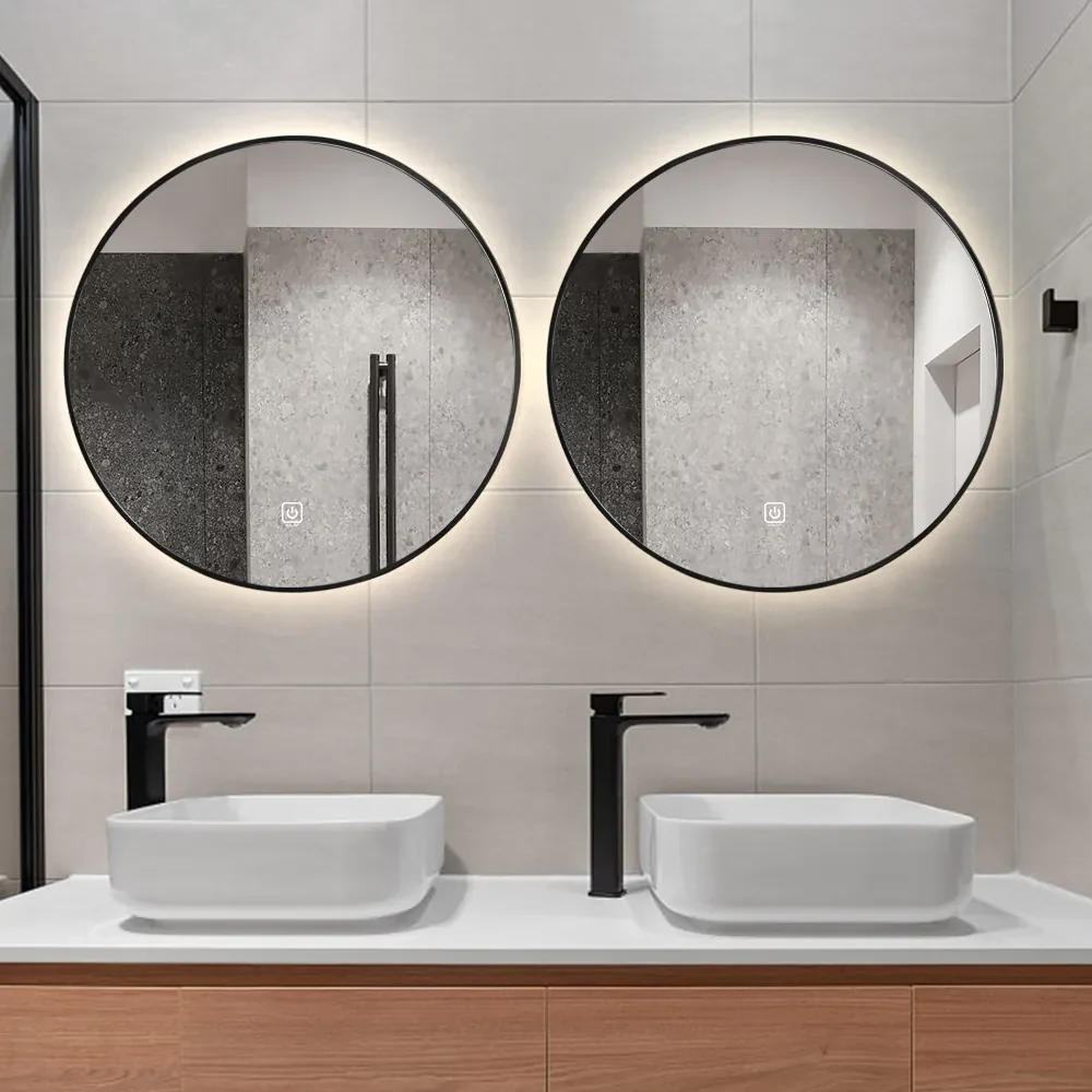 Set van 2 Saniclear Circle Black ronde spiegel met LED verlichting 80cm incl. spiegelverwarming mat zwart