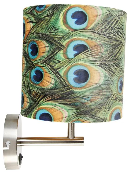 Botonische wandlamp staal met velours kap pauw - Combi Modern E27 rond Binnenverlichting Lamp
