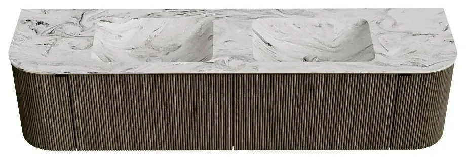Mondiaz Kurve-dlux 180cm badmeubel ronding links/rechts shadow met 2 lades en deuren en wastafel leaf dubbel 2 kraangaten glace