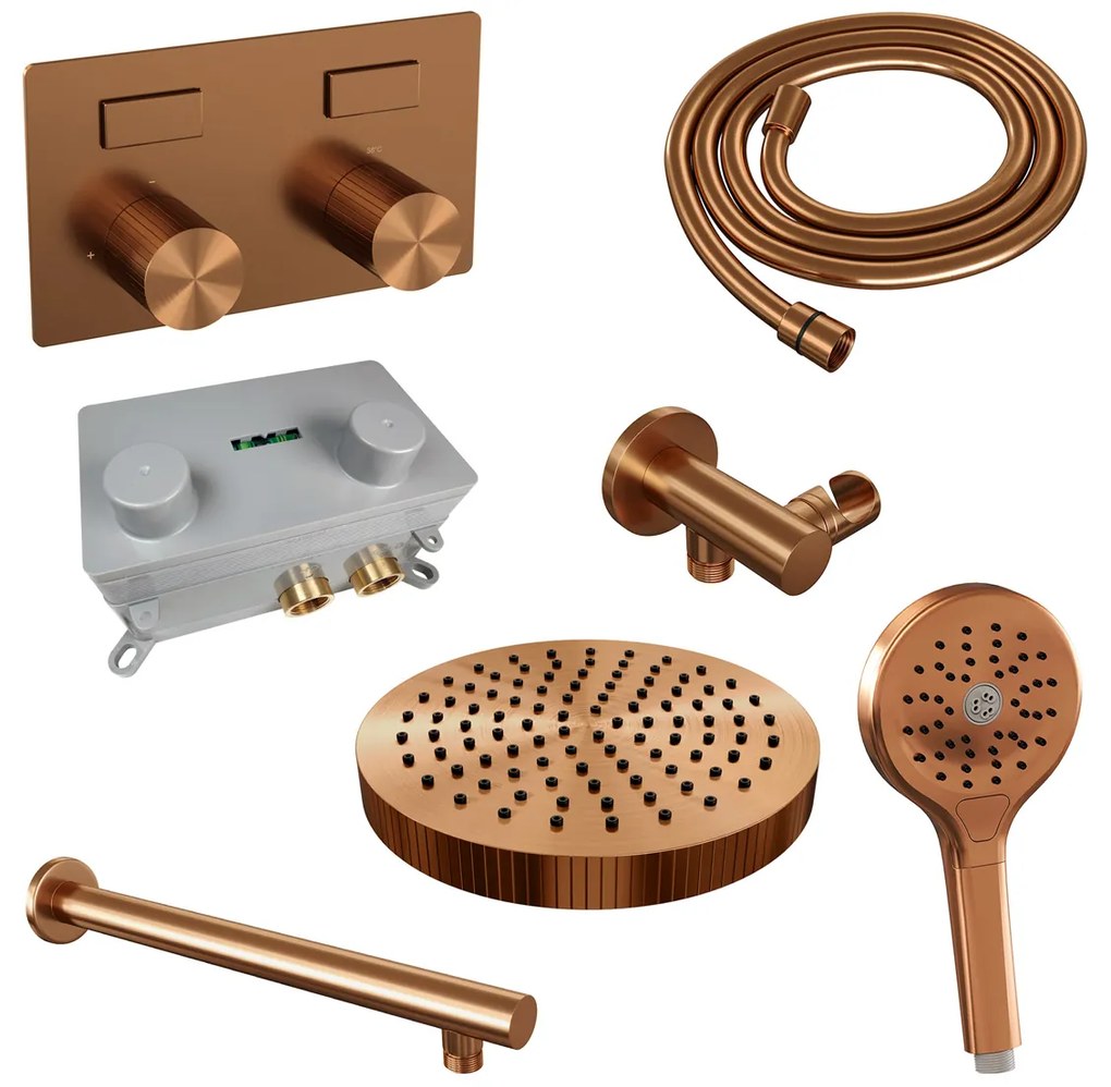 Brauer Stripe inbouw regendouche met 25cm hoofddouche, rechte muurarm en 3 standen handdouche set 28 koper geborsteld PVD
