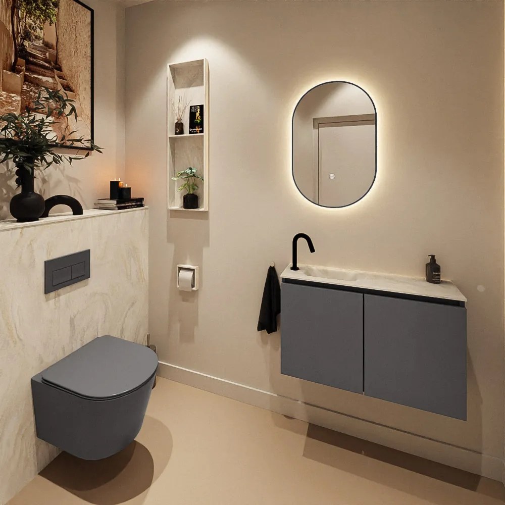 Mondiaz Ture DLux toiletmeubel 80cm dark grey met wastafel ostra links met kraangat