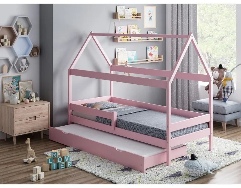 Peuter Roze Canopy Housevormig eenpersoonsbed met onderschuifbed