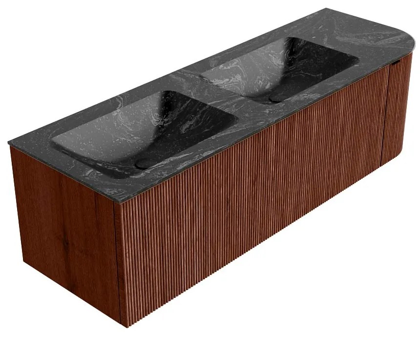 Mondiaz Kurve-dlux 145cm badmeubel ronding rechts ruby met 1 lade en deur en wastafel leaf dubbel/links 2 kraangaten lava