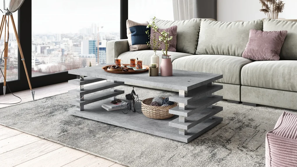PORTO Beton Millennium - MODERNE KOFFIETAFEL MET LAMELLEN 2IN1, OP WIELEN/POTEN