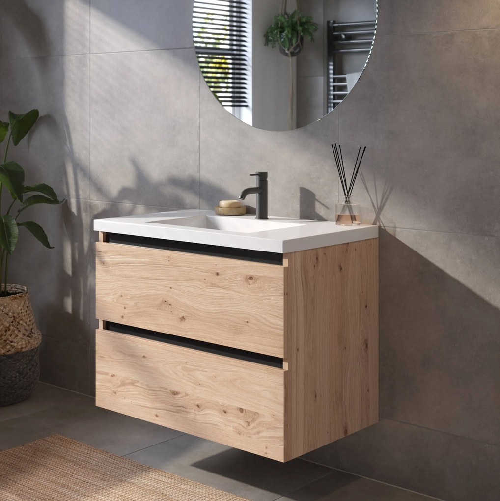 Saqu Gaia badmeubel incl. glans witte wastafel 80x52x64cm naturel eiken – zwarte greeplijst