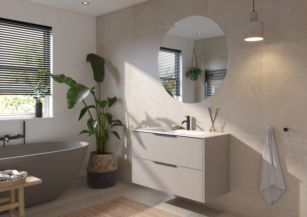 Saqu Lima badmeubel incl. glans witte keramische wastafel 100x46x61cm mat greige – mat zwarte greep