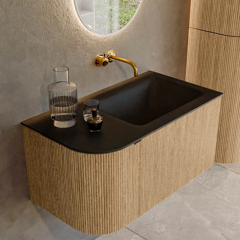 Mondiaz Kurve 85cm badmeubel ronding links oak met 1 lade en deur en wastafel cloud rechts zonder kraangat urban