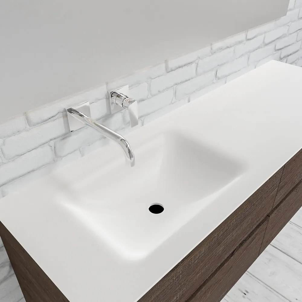 Zaro Valencia Solid Surface badmeubel 150cm donker eiken zonder kraangat spoelbak links met 4 lades