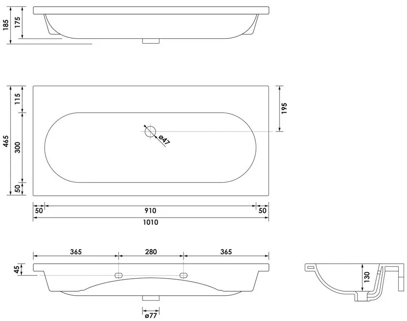 Brauer Moon wastafel keramiek 100cm zonder kraangat wit glans