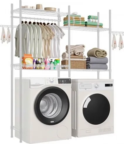 VEVOR Opbergrekken voor wasmachine en droger, 4-laags droogrek met kledingstang en haken, verstelbare planken voor wasmachine met twee niveaus, voor opslag en organisatie, wit