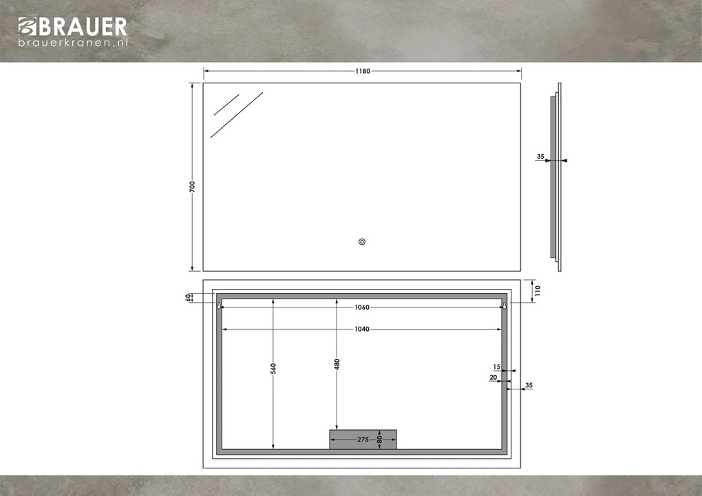 Brauer Ruby rechthoekige spiegel met verlichting 120x70cm