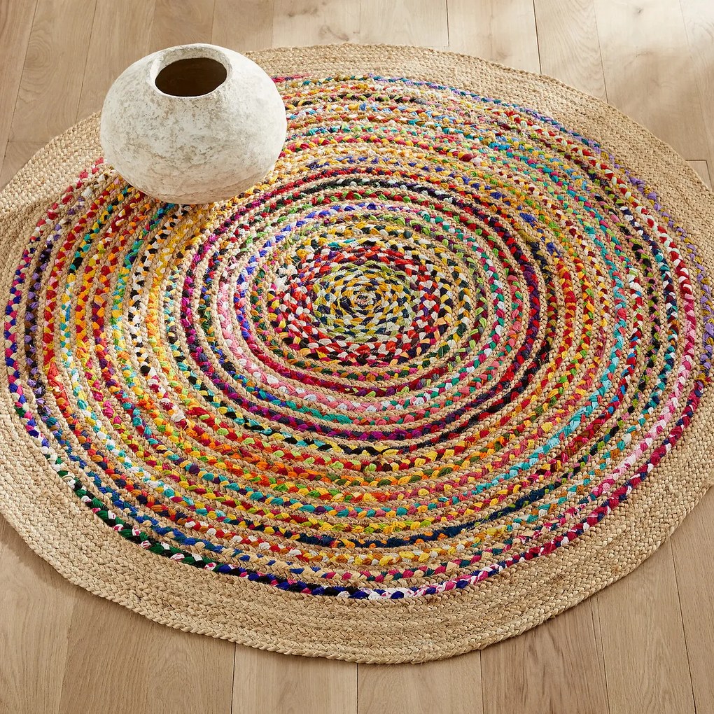 Vloerkleed in jute en recycled katoen ø150 cm, Jaco