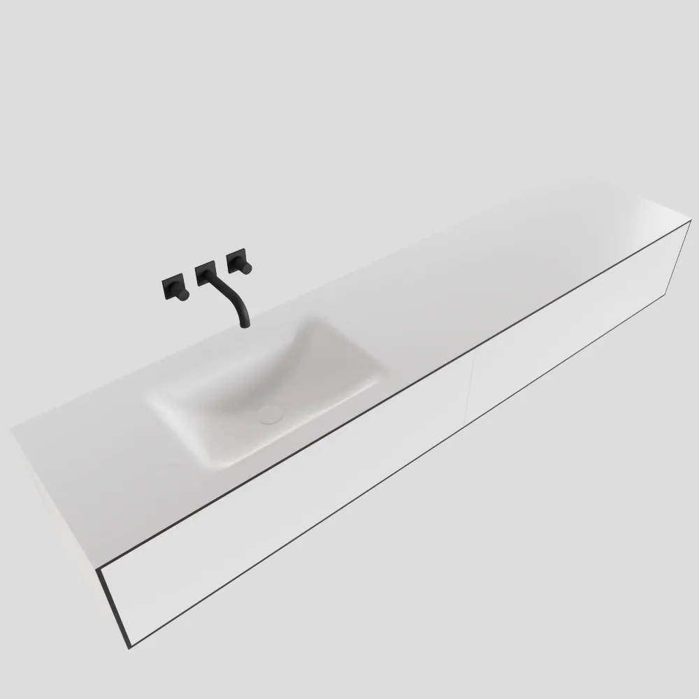 Zaro Lagom volledig naadloos solid surface onderkast 200cm mat zwart met 2 lades Push tot open. Compleet met solid surface wastafel met 0 kraangat(en)