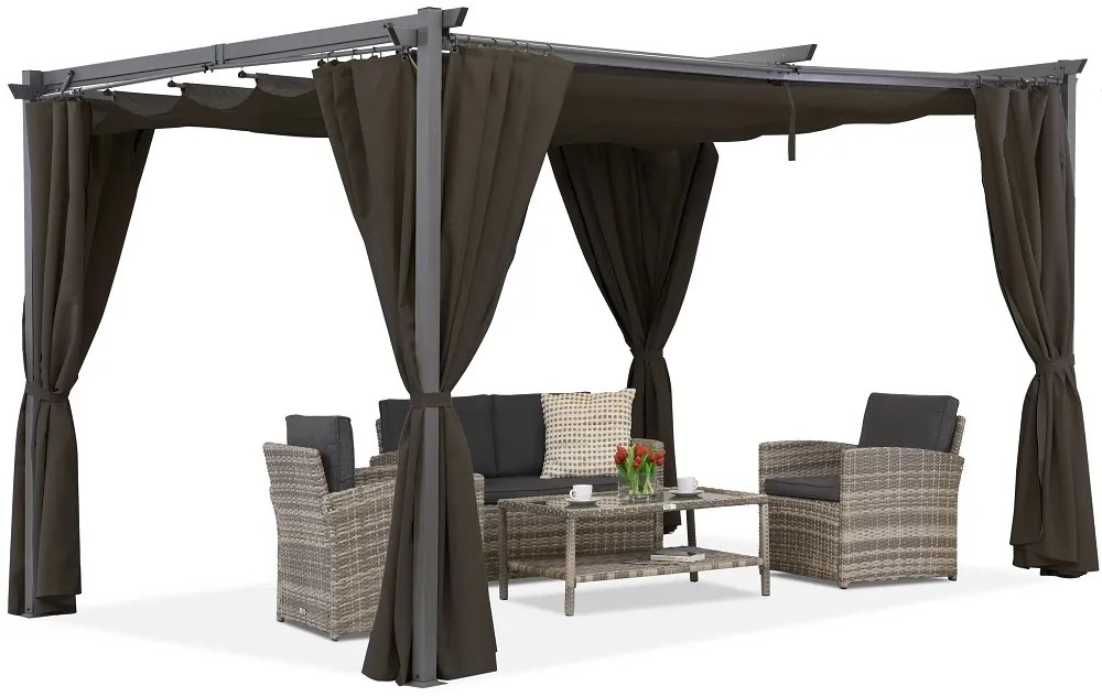Bruine La Palma terraspergola van 4x4m met Garden Point gordijnen