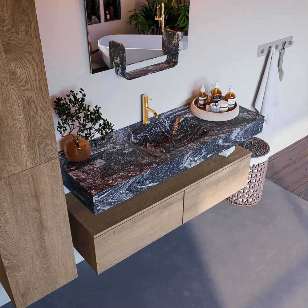 Mondiaz Alan DLux badmeubel 130cm washed oak 2 lades met wastafel lava midden 1 kraangat