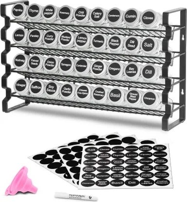 VEVOR 4-laags kruidenrek, kruidenhouder met 36 lege kruidenpotjes, rek, kruidenlabels en trechter, complete set, kruidenorganizer voor keukenkast, voorraadkast (463 x 118 x 282 mm)