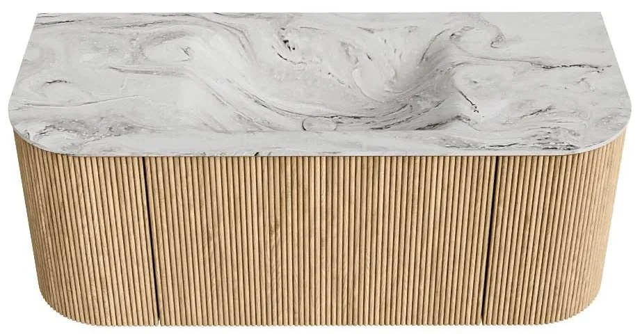 Mondiaz Kurve-dlux 110cm badmeubel ronding links/rechts oak met 1 lade en 2 deuren en wastafel cloud midden zonder kraangat glace