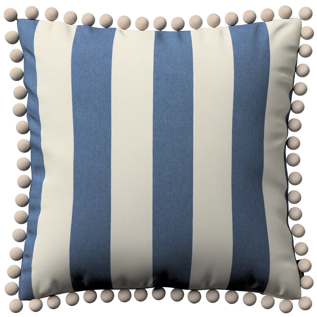 Dekoria Kussenhoes Wera met pompons, blauw-wit 45 x 45 cm