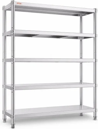 VEVOR Keukenrek, 5 lagen, vrijstaand rek tot 750 kg (150 kg per schap), roestvrijstalen horecarek met verstelbare poten en schappen, robuust rek voor magazijn, garage, werkplaats, 1200 x 455 x 1830 mm
