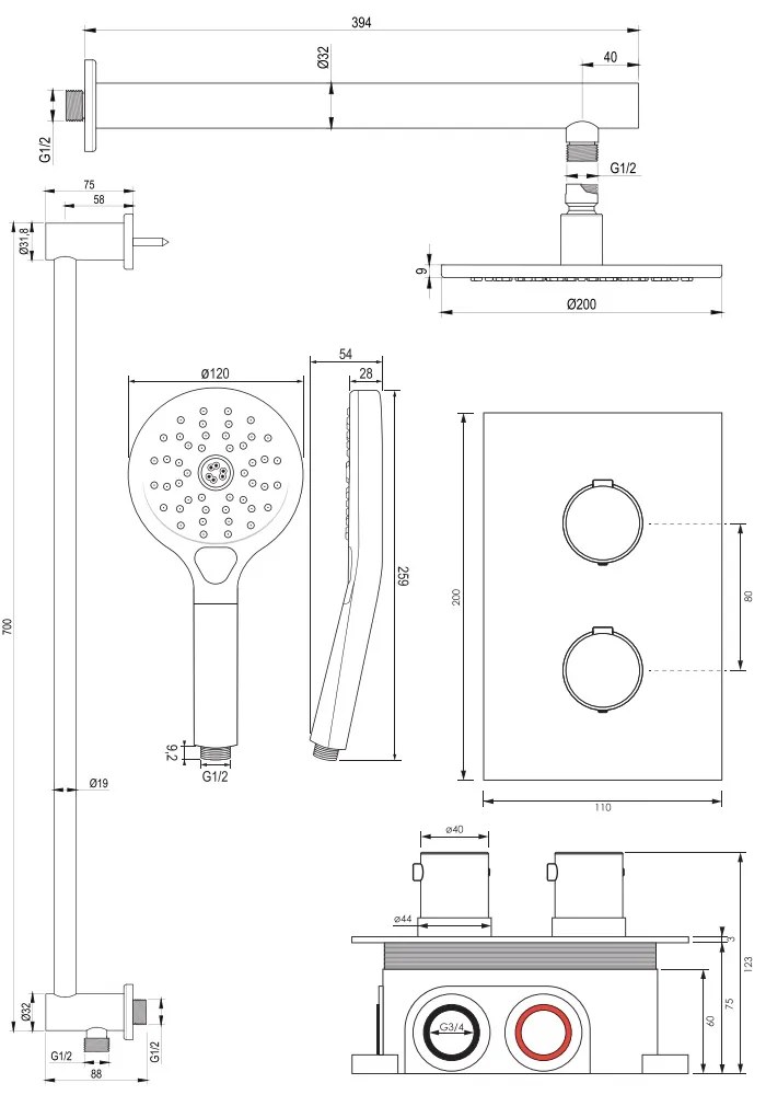 Brauer Brushed Edition complete inbouw regendouche met 3 standen handdouche, rechte wandarm, glijstang en hoofddouche 20cm set 43 RVS geborsteld PVD