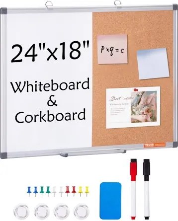 VEVOR 24"x18" Whiteboard &amp; Kurkbord Combo met Aluminium Frame – 2-in-1 Magnetisch Droog Uitwisbaar Prikbord voor Aan de Muur – Ideaal voor School, Thuis en Kantoor