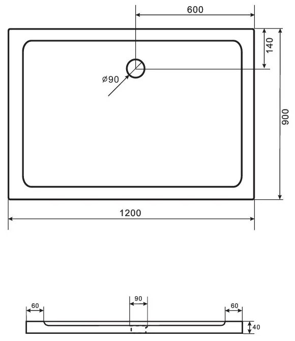 SaniGoods Flet douchebak rechthoekig 120x90x4cm