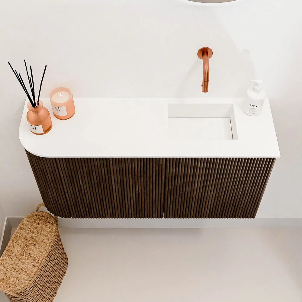 Mondiaz Joya 80cm toiletmeubel ronding links walnut met wastafel faye rechts zonder kraangat talc
