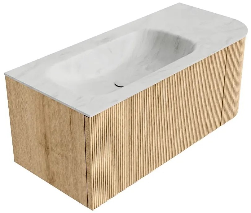 Mondiaz Kurve-dlux 105cm badmeubel ronding rechts oak met 1 lade en deur en wastafel big small kraangat links opalo