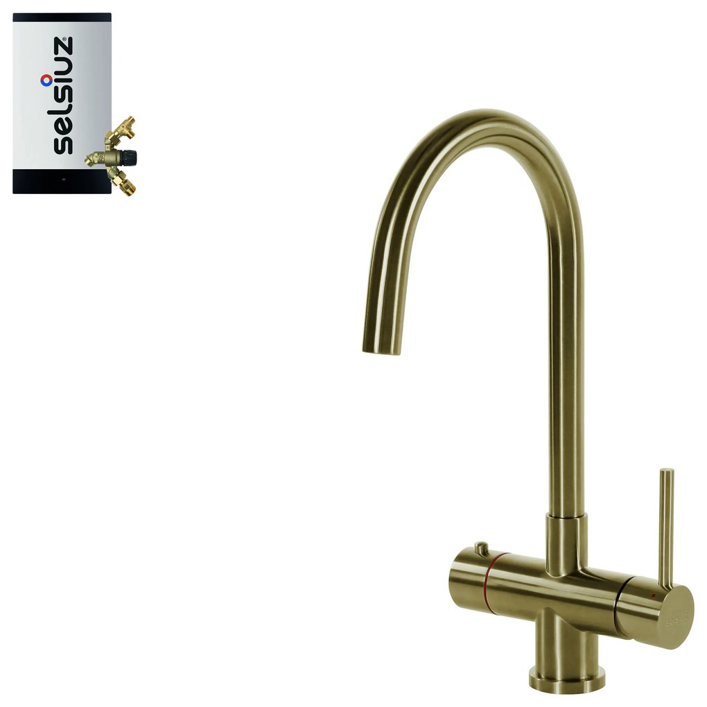 Selsiuz Inox kokend water kraan met combi extra boiler en C-uitloopkraan gold