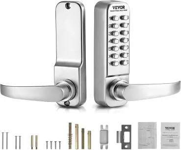 VEVOR Mechanisch sleutelloos deurslot met enkelzijdig toetsenbord (14 sleutels), sleutelloos deurslot met handgreep, codeslot voor thuis, kantoor, buiten, hek, tuin, zilver (35-65 mm dikke deur)