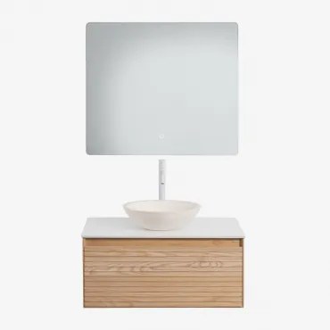Tedrik Zwevend Badkamermeubelset 80x50 Cm In Essenhout Ash Brown & Rond Cement Wit Ø40 Cm Zavion & Rechthoekige Led En Anticondens 80x70 Cm Riben -