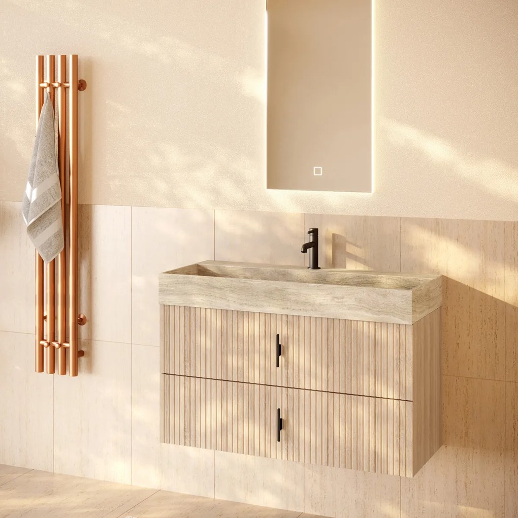 Muebles Murcia badmeubel ribbelfront 100cm naturel eiken met White Travertin wastafel met kraangat
