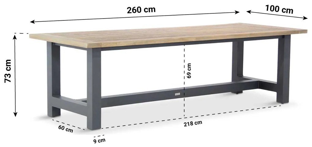 Dining Tuintafel rechthoekig 260 x 100 cm Aluminium/teak Grijs San Francisco