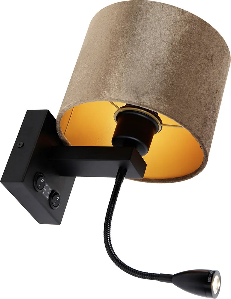 Wandlamp zwart met velours kap bruin 18cm - Brescia