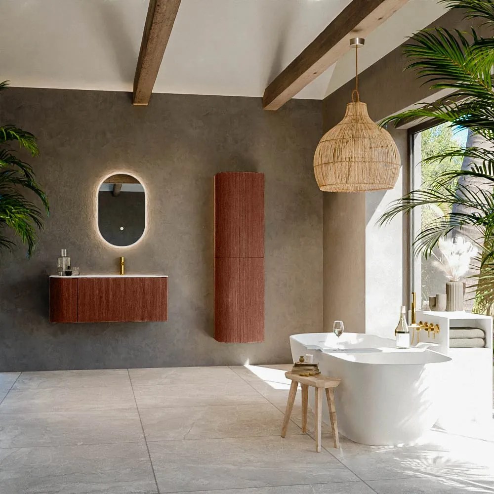 Mondiaz Kurve-dlux 105cm badmeubel ronding links ruby met 1 lade en deur en wastafel big small kraangat rechts opalo