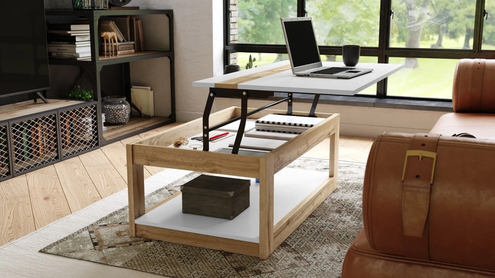 LUSSO Wit Mat/Wotan Eik - MODERNE SALONTAFEL MET VERHOOGD BLAD + OPBERGRUIMTE + SCHAP (OP WIELEN!)