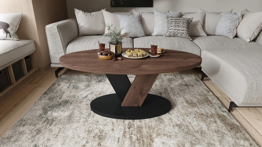 LOVA Eik Bruin/Zwart - OVALE SALONTAFEL 110x60 cm MODERNE KOFFIETAFEL