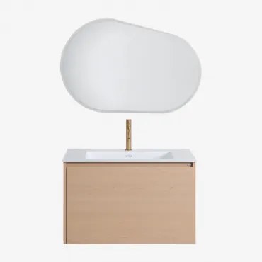 Jacob Zwevend Houten Badkamermeubelset Met Geïntegreerde Wastafel Natuurlijk Hout & Ovaal Led En Anticondens 100x80 Cm Riben & Goud - Sklum